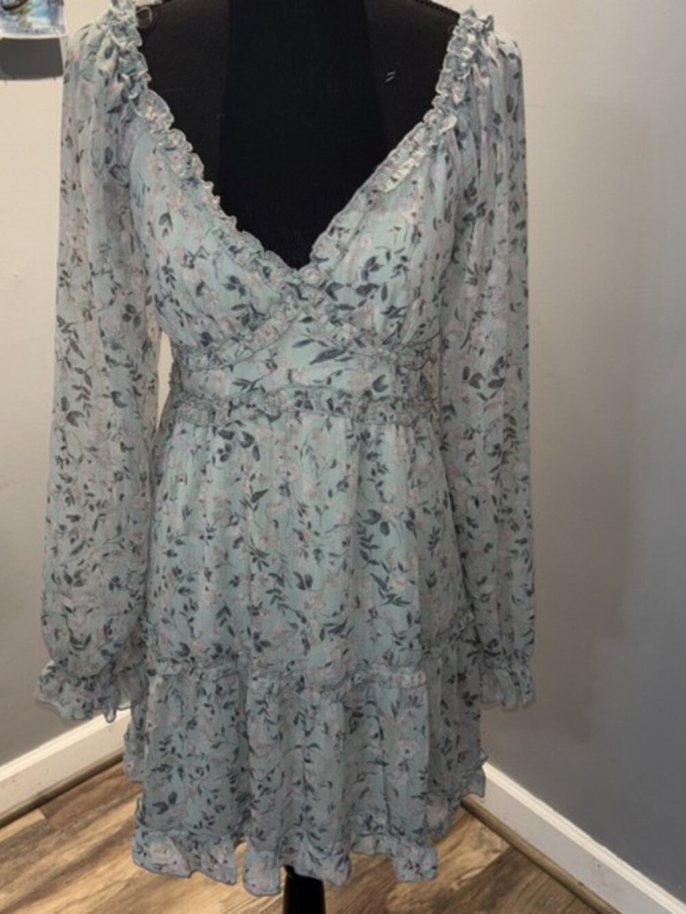 Alison + Kelly‎ Mini Fit &Flare Dress Green Floral Babydoll Shear Peasant SzL